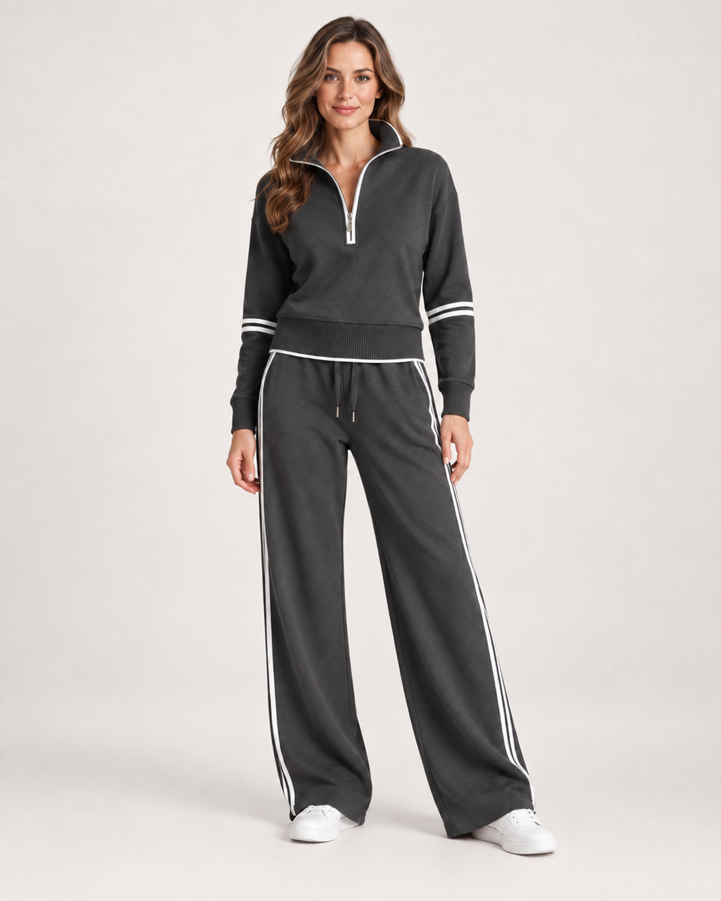 Women’s Tracksuit Set with Contrast Stripe Trim in Grey, full body view