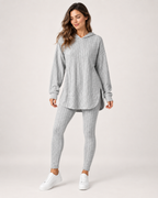 Women’s Loungewear Set with Hooded Longline Top and Leggings in Grey, full body view