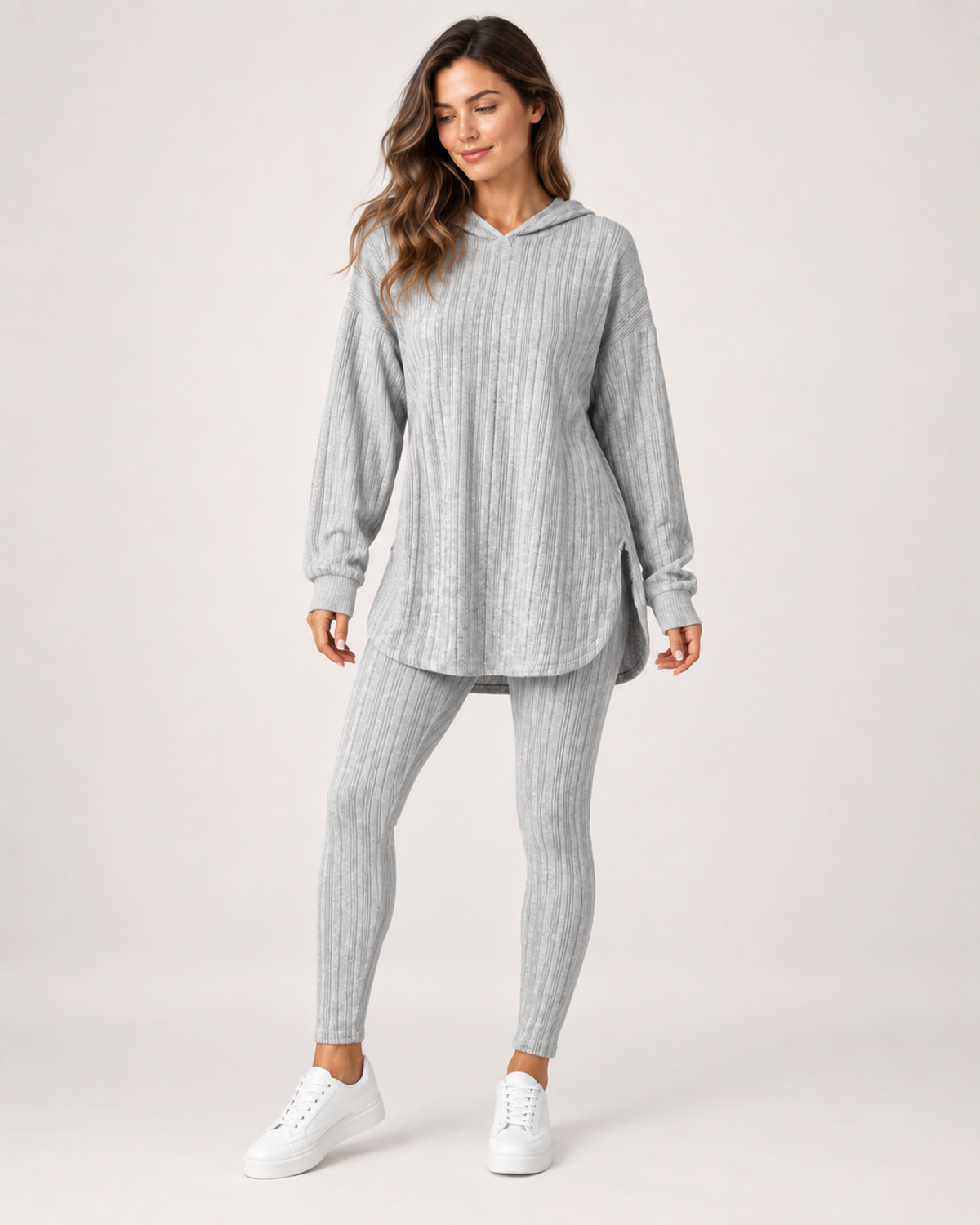 Women’s Loungewear Set with Hooded Longline Top and Leggings in Grey, full body view