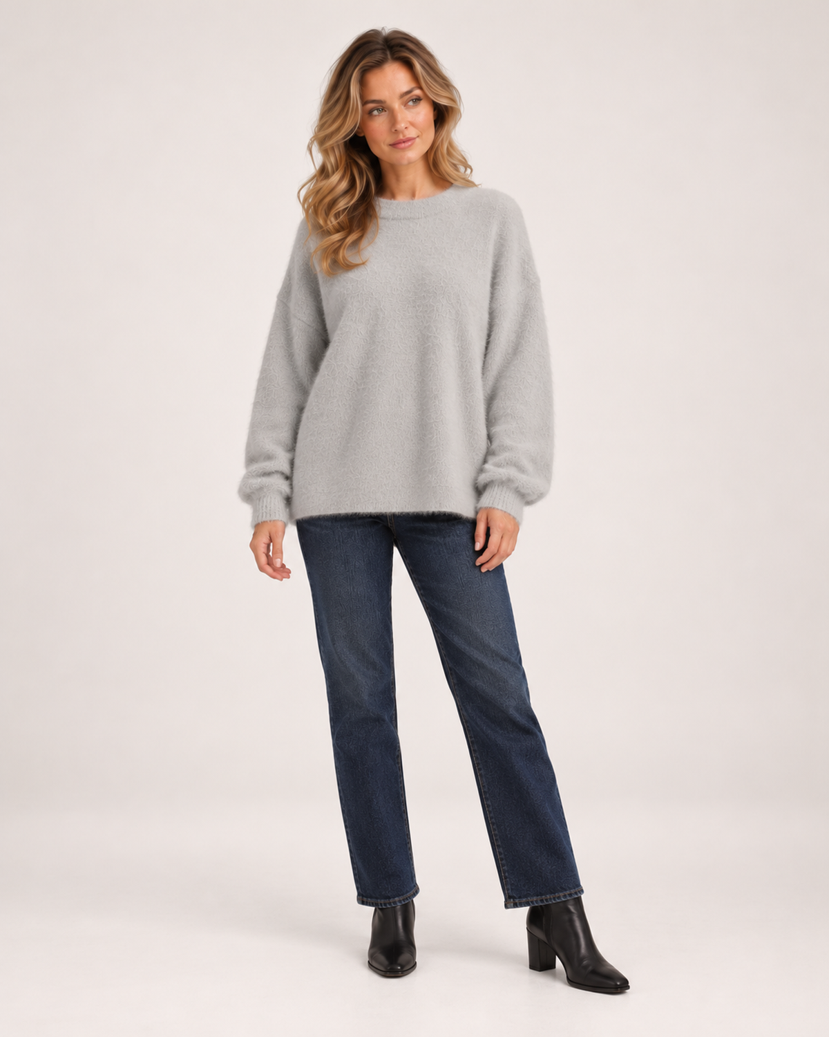 Women’s Fluffy Jumper with Crew Neck in Grey, full body view