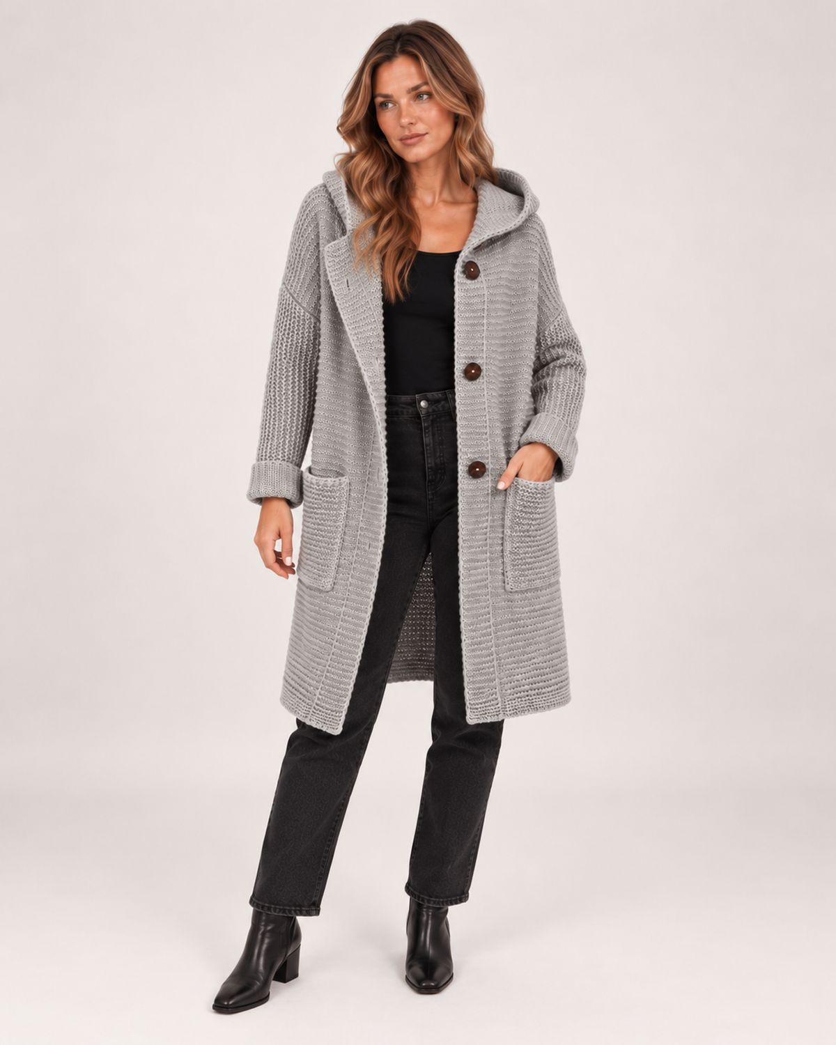 Women’s Long Hooded Cardigan with Chunky Texture in Grey, full body view