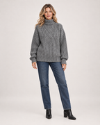 Women’s Roll Neck Jumper with Cable Knit in Grey, full body view