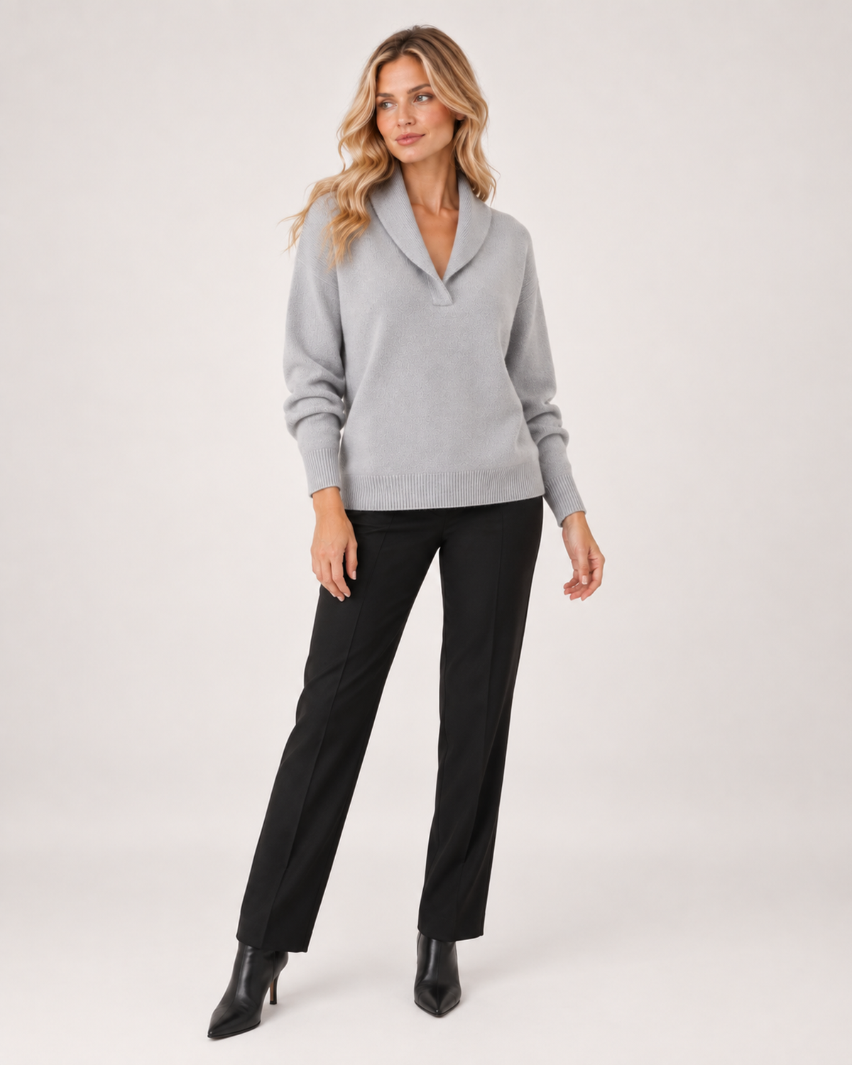 Women’s V Neck Jumper with Shawl Collar in Grey, full body view