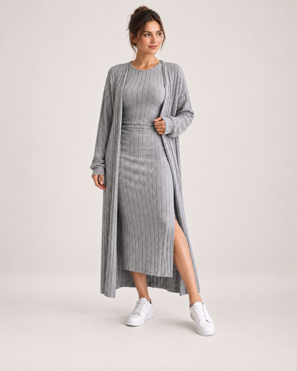 Women’s Knitted Dress Set with Long Cardigan in Grey, full body view