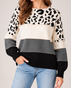 Women's Knitted Jumper Patterned Colour Block Crew Neck Style product view