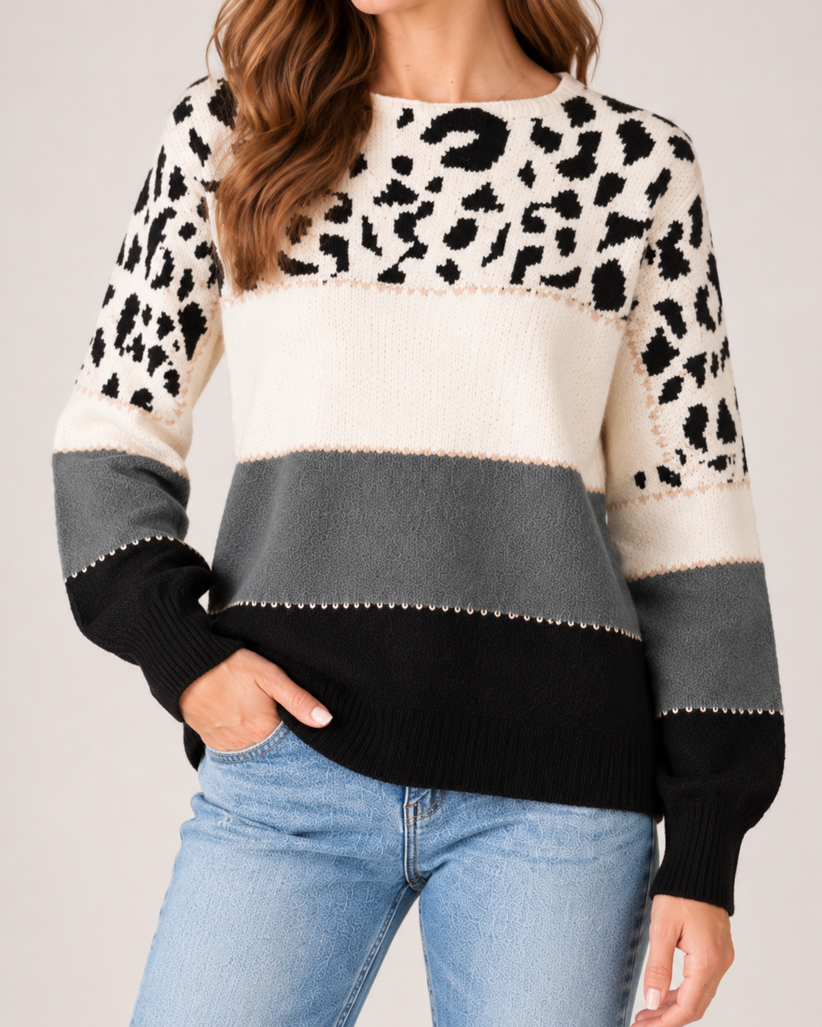 Women's Knitted Jumper Patterned Colour Block Crew Neck Style product view