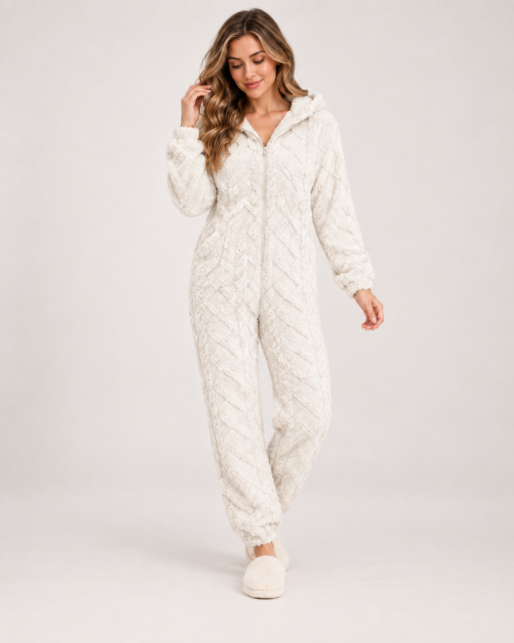 Women’s Fleece Pyjamas with Hood and Zip Front in Ivory, full body view