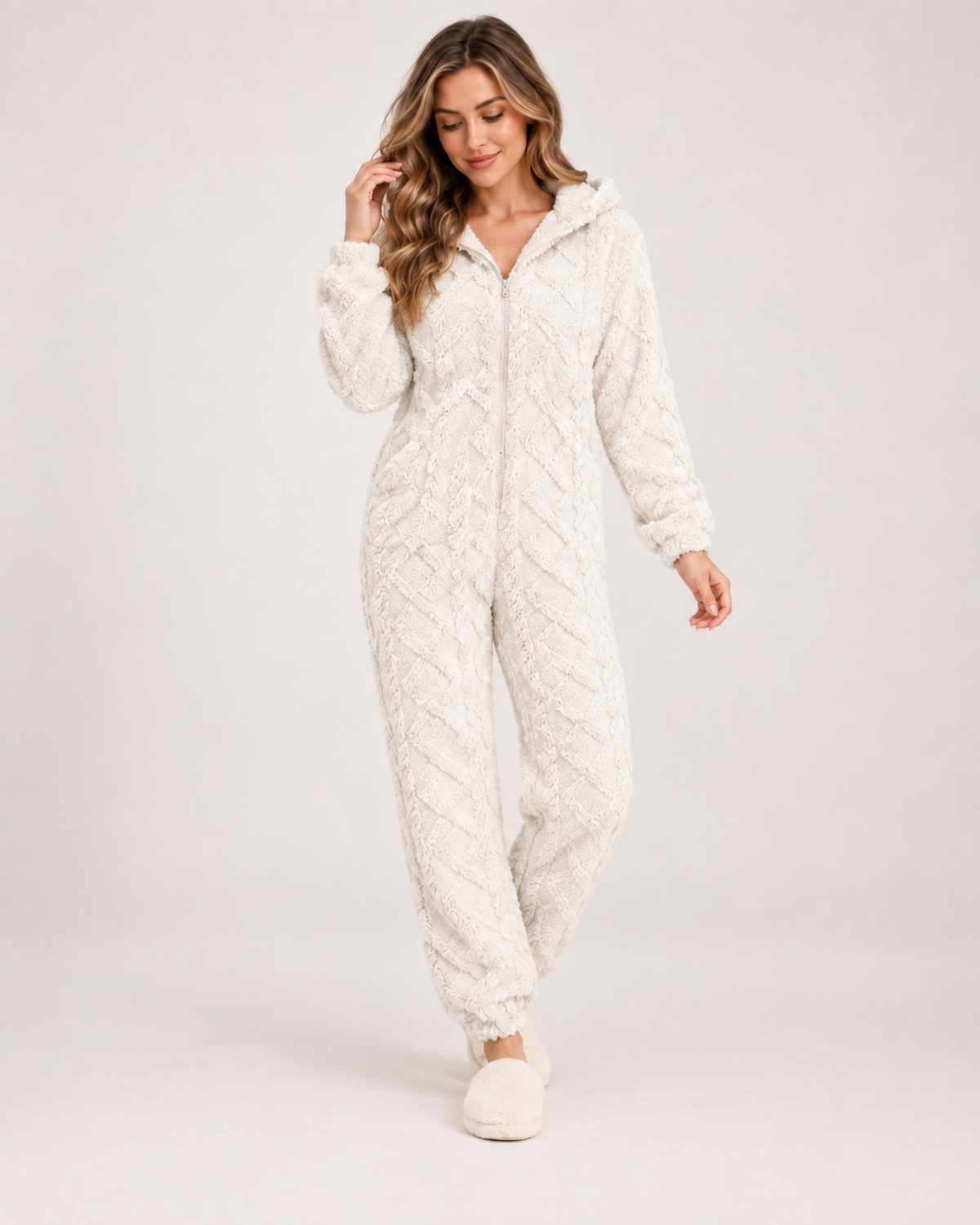 Women’s Fleece Pyjamas with Hood and Zip Front in Ivory, full body view