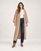 Women’s Long Cardigan with Balloon Sleeves in Khaki, full body view