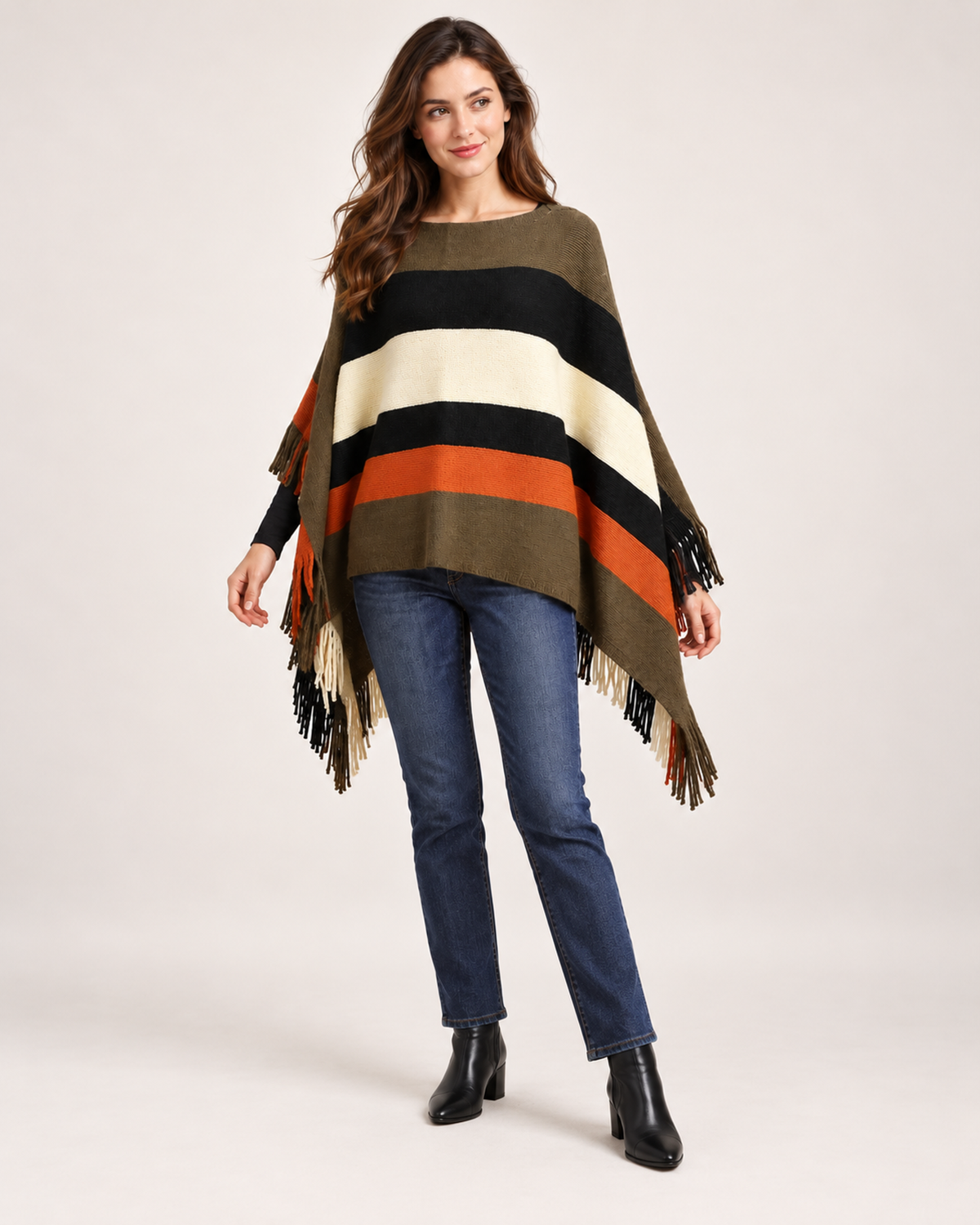 Women’s Poncho with Colour Block Design and Tassel Hem in Khaki, full body view