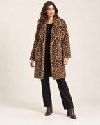 Women’s Faux Fur Coat with Leopard Print and Lapel Collar in Leopard Print, full body view