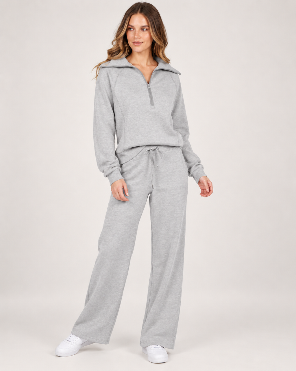 Women’s Tracksuit Set with Half-Zip Top and Wide-Leg Trousers in Light Grey, full body view