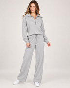Women’s Tracksuit Set with Half-Zip Top and Wide-Leg Trousers in Light Grey, full body view