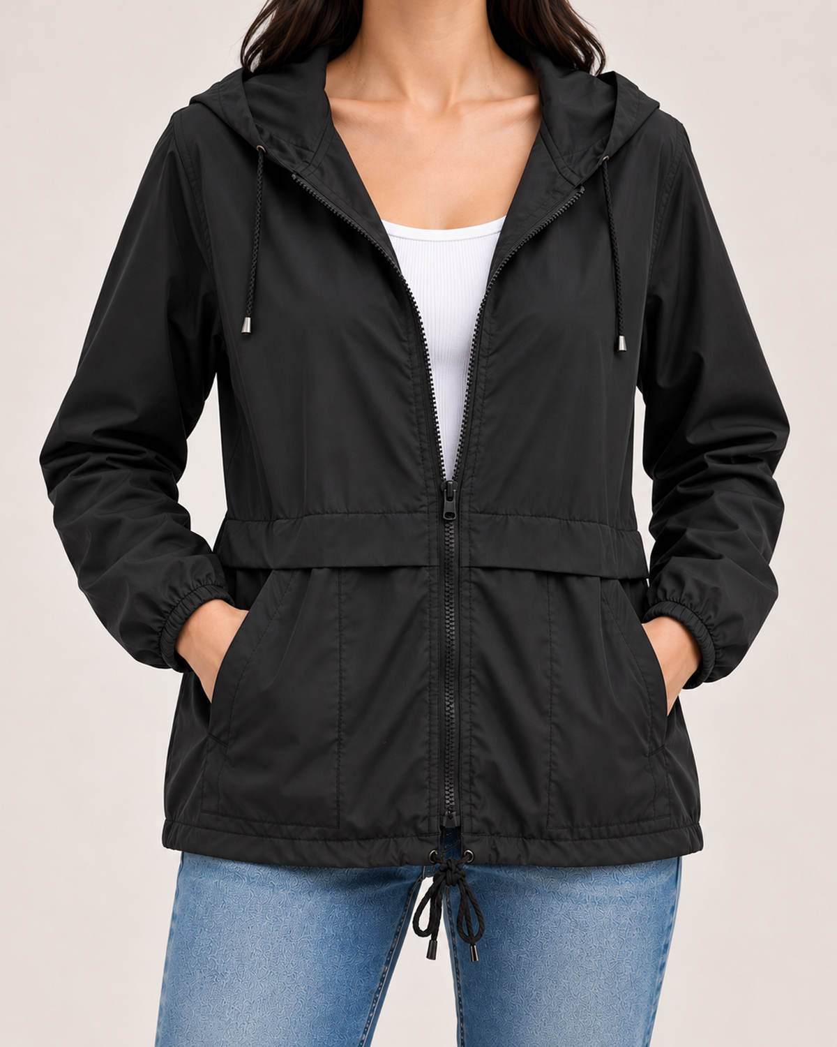 Women's black lightweight hooded utility jacket zip pocket and drawstring detail