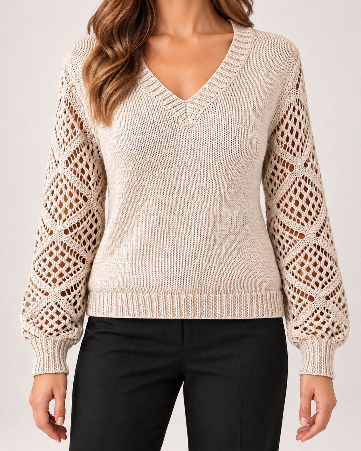 Women's beige V neck jumper openwork sleeve detail