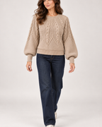 Women’s beige cable knit jumper full length styling view