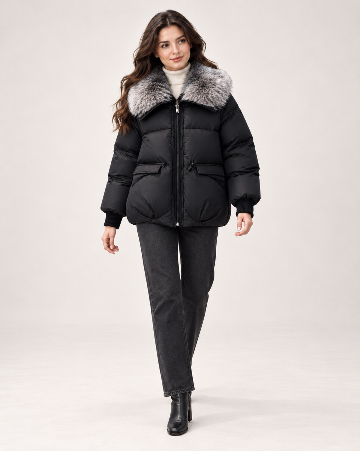 Women’s black puffer jacket full length styling view