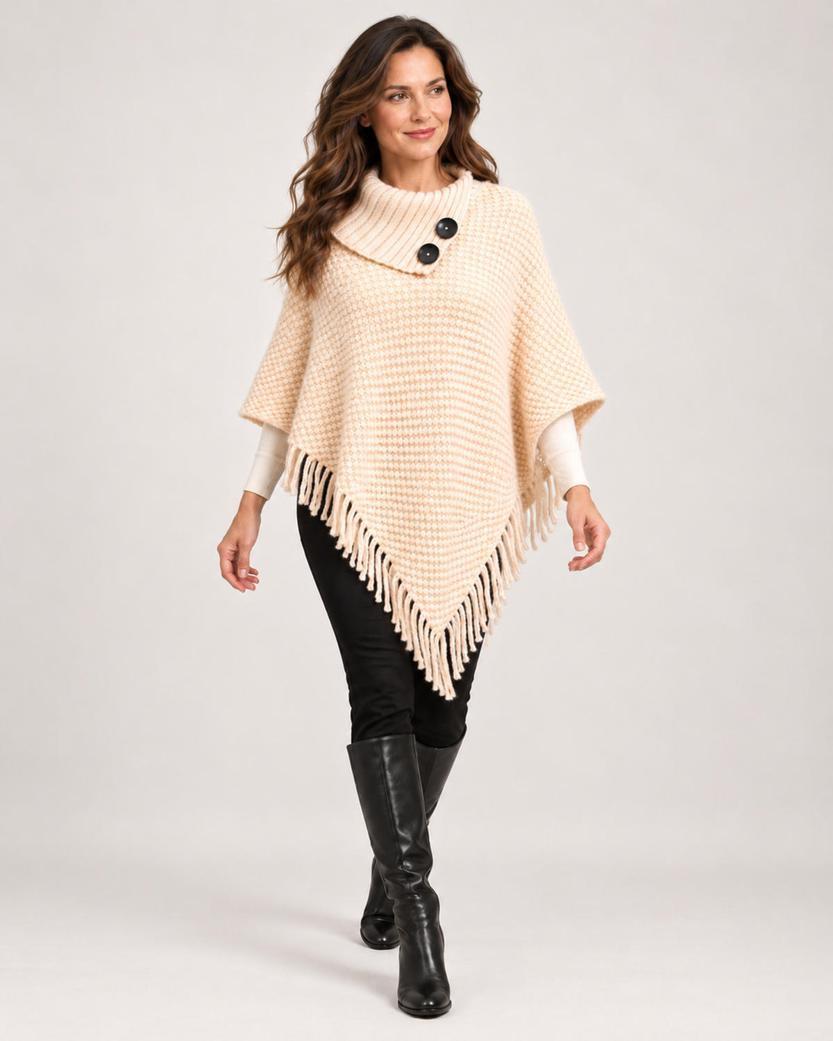 Women’s beige poncho full length styling view
