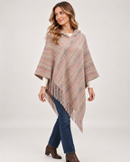 Women's striped hooded poncho full length styling view