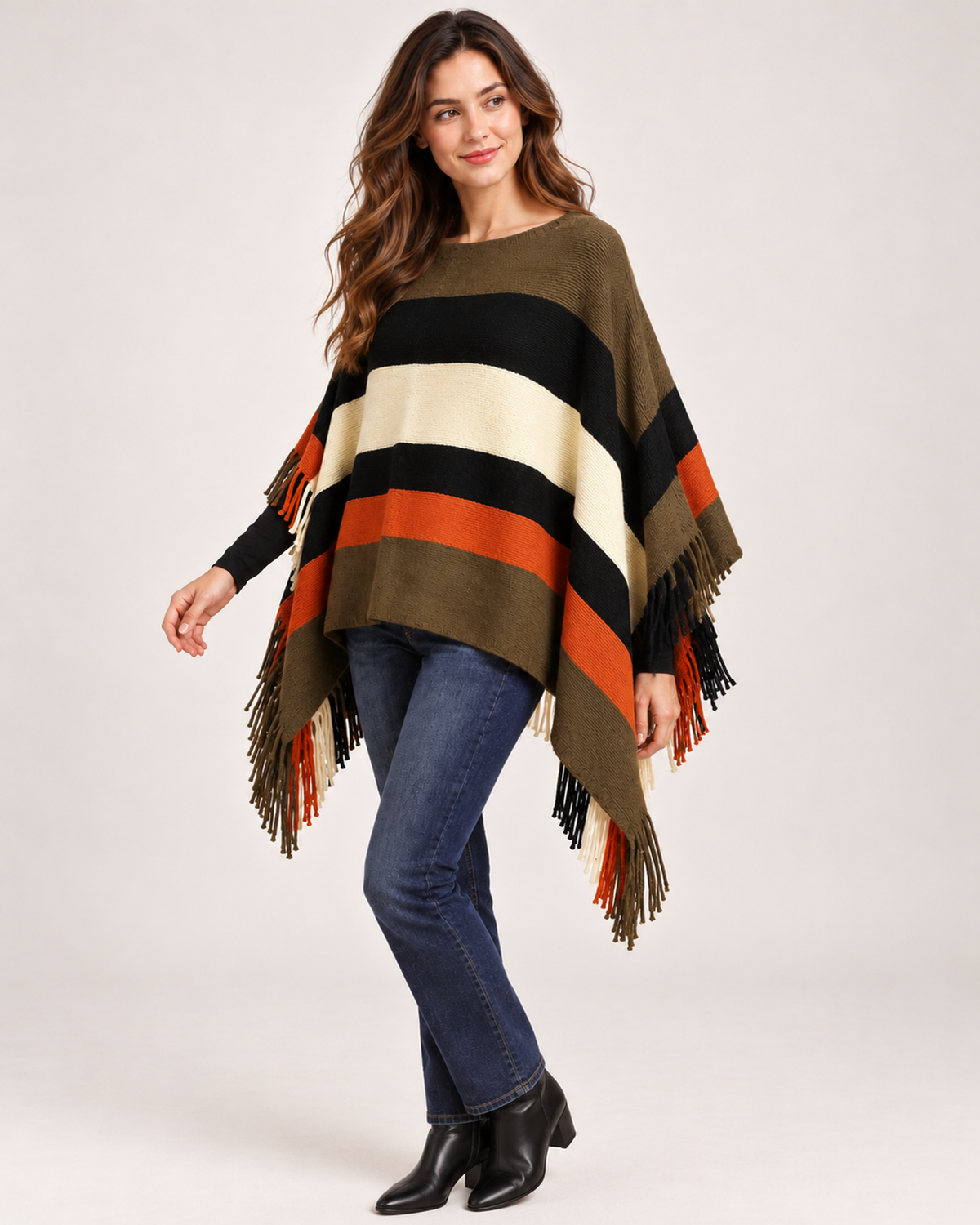 Women's colour block poncho full length styling view