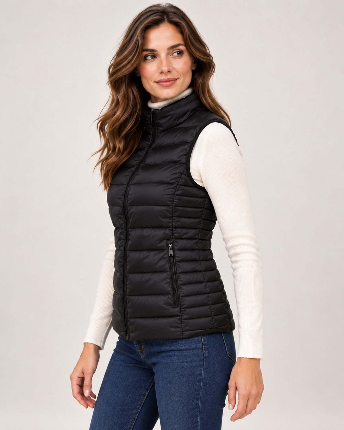 Women's black lightweight gilet side view