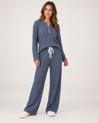 Women’s Pyjama Set with Ribbed Finish and Wide-Leg Trousers in Navy Blue, full body view