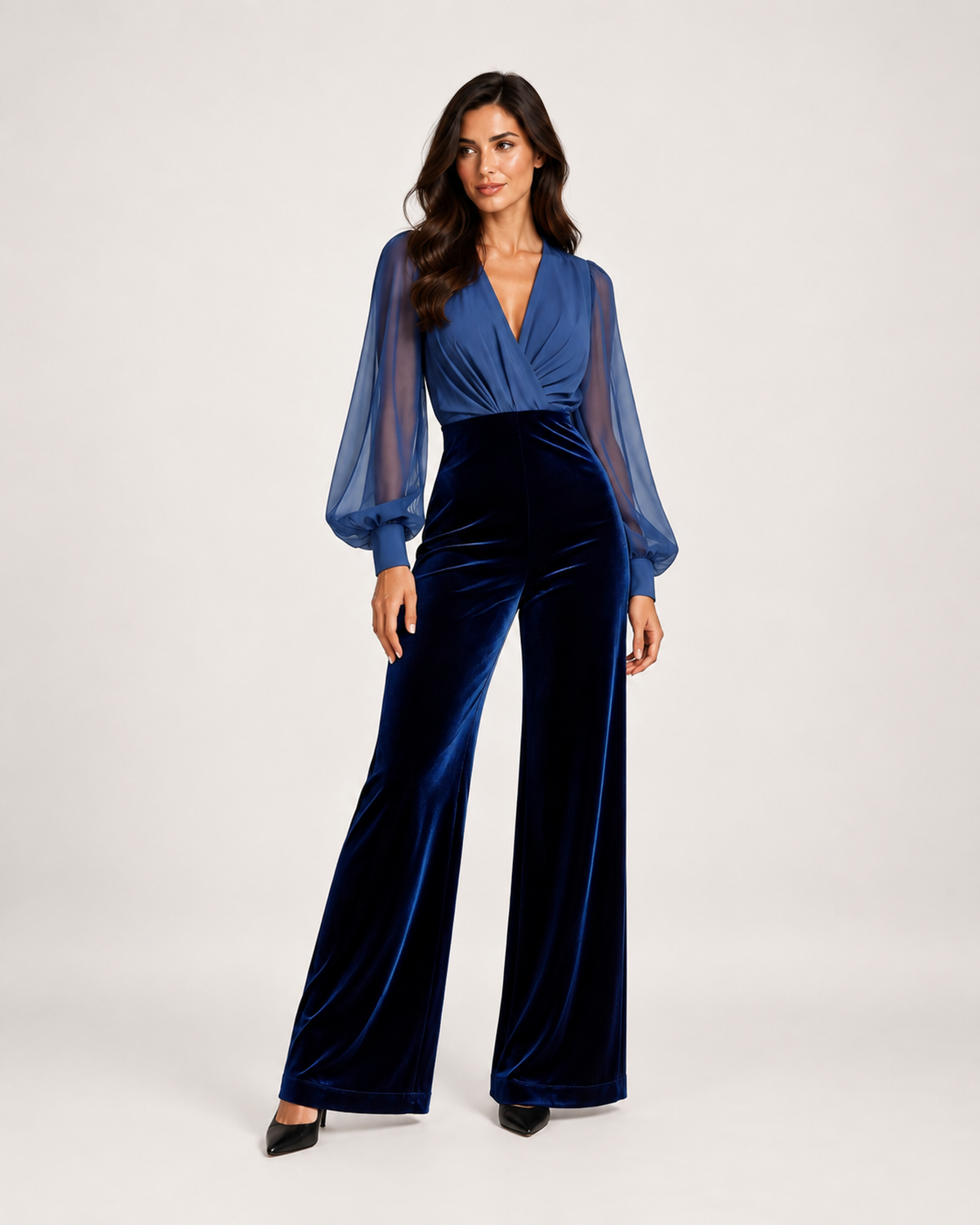 Women’s Wide Leg Jumpsuit with V Neck and Sheer Sleeves in Navy Blue, full body view
