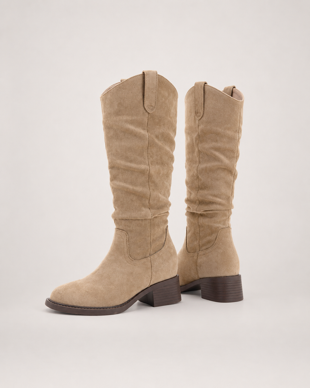 Women’s Knee High Boots with Round Toe and Chunky Heel in Beige, product only pair side decision view