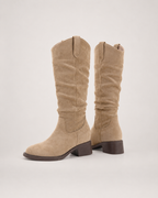 Women’s Knee High Boots with Round Toe and Chunky Heel in Beige, product only pair side decision view