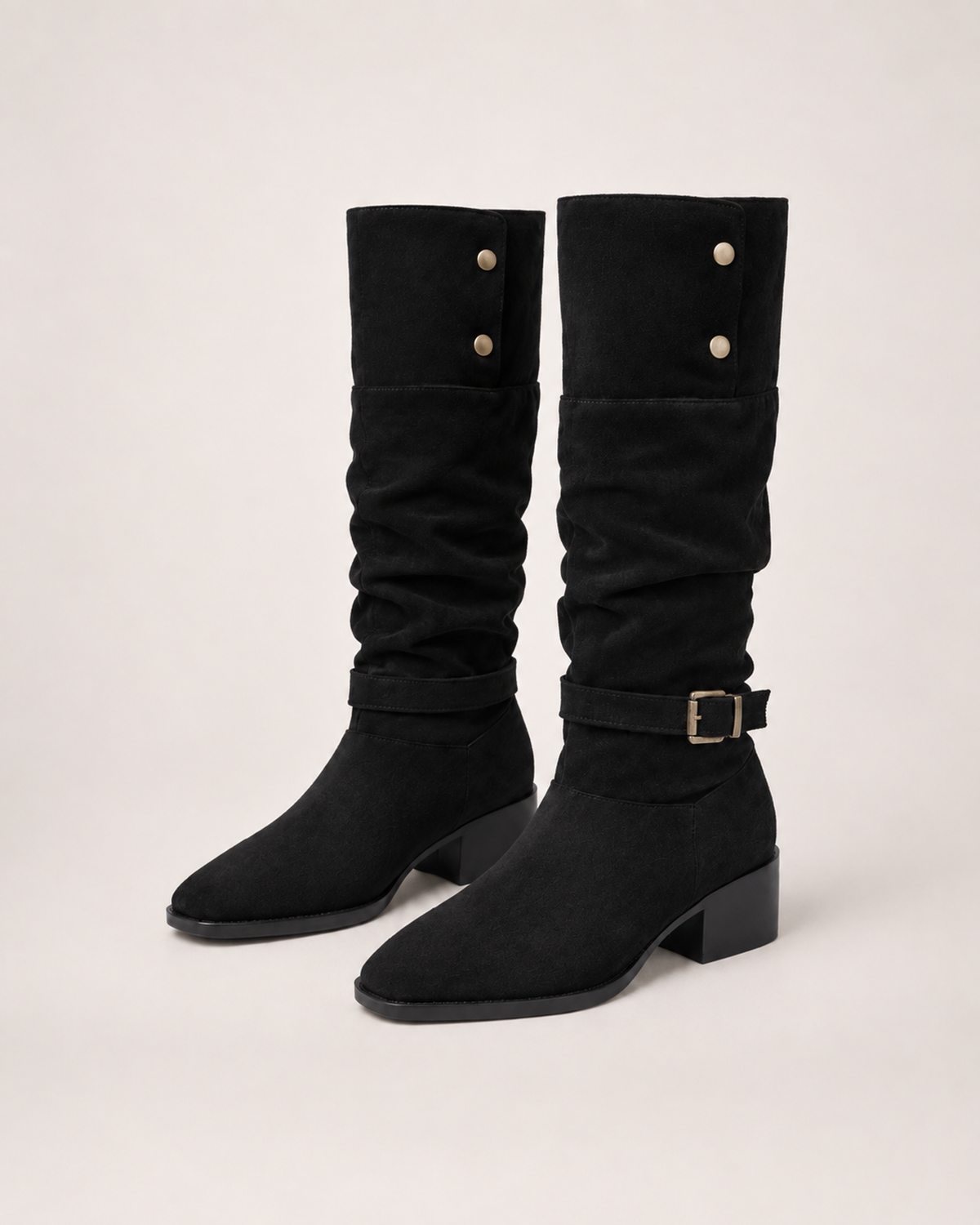 Women’s Knee High Boots with Slouch Shaft and Block Heel in Black, product only pair side decision view