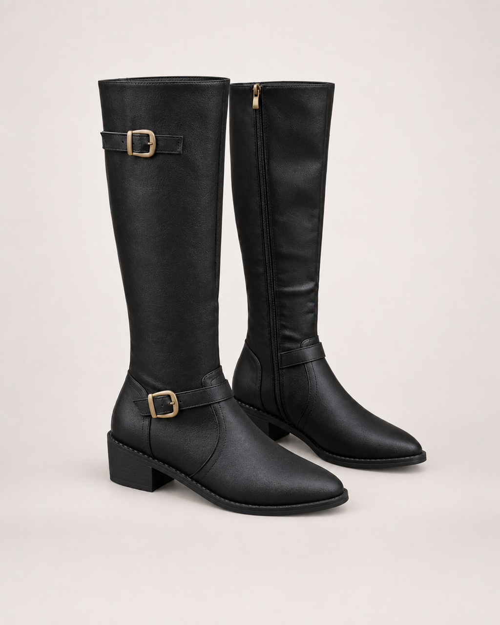 Women’s Knee High Boots with Riding Shape and Buckle Detail in Black, product only pair side decision view