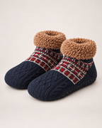 Women’s Slipper Socks with Fair Isle Pattern in Navy Blue, product only pair side decision view