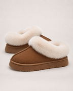Women’s Platform Slippers with Fluffy Collar in Chestnut Brown, product only pair side decision view