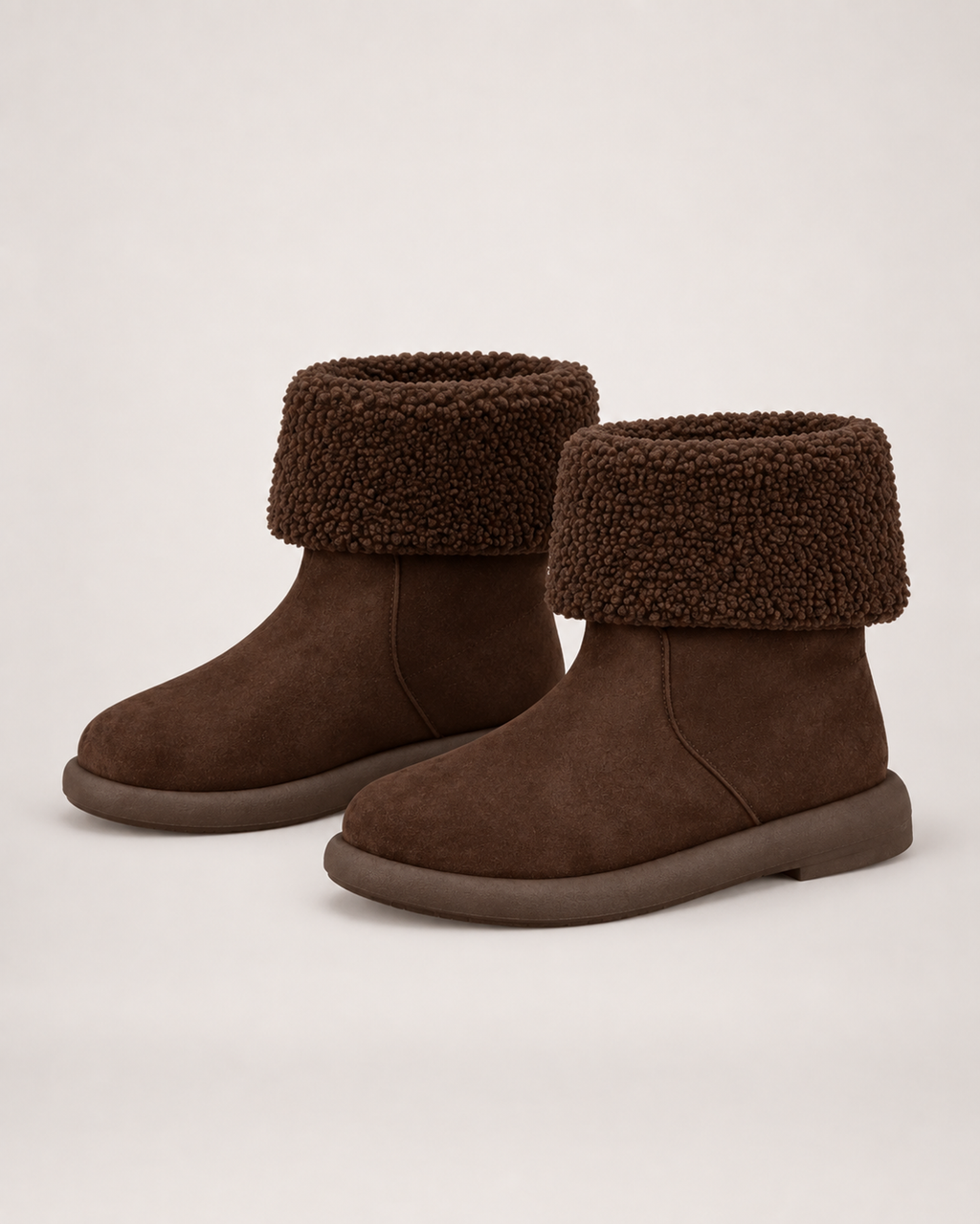 Women’s Mid Calf Boots with Fold-Down Fluffy Cuff in Dark Brown, product only pair side decision view