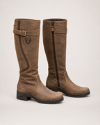 Women’s Riding Boots with Buckle Detail and Low Heel in Brown, product only pair side decision view