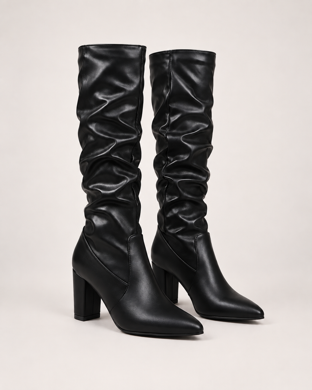 Women’s Knee High Boots with Pointed Toe and High Heel in Black, product only pair side decision view