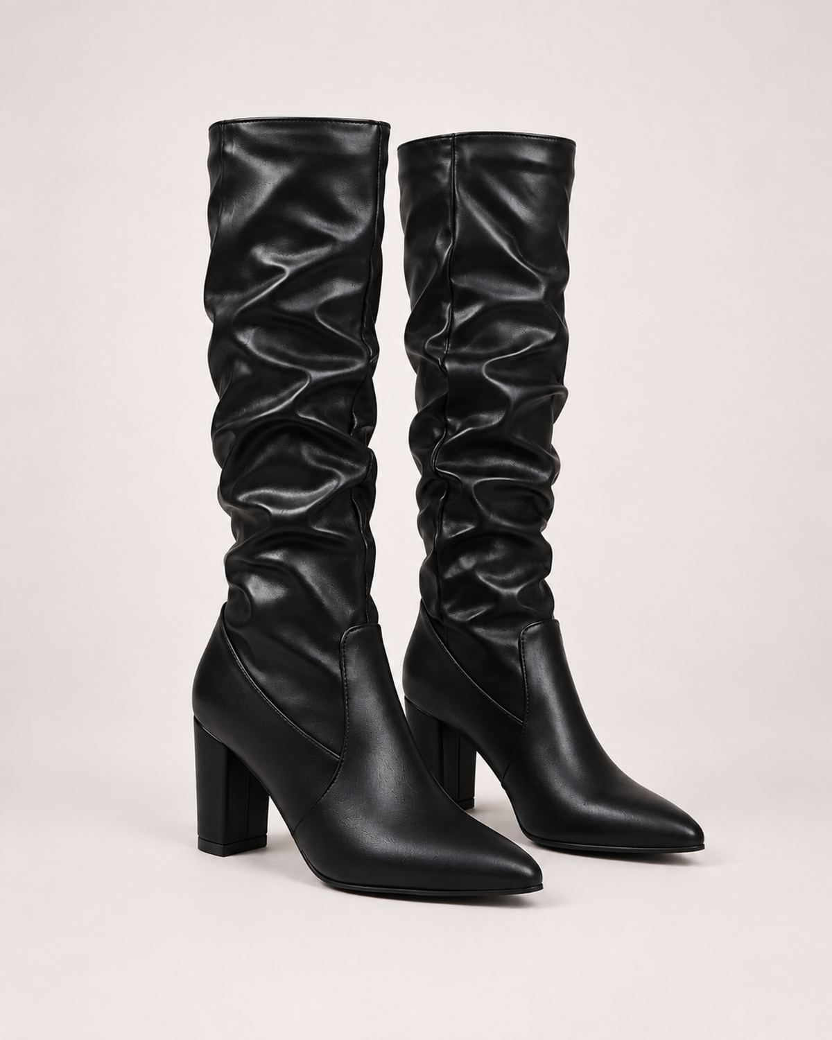 Women’s Knee High Boots with Pointed Toe and High Heel in Black, product only pair side decision view