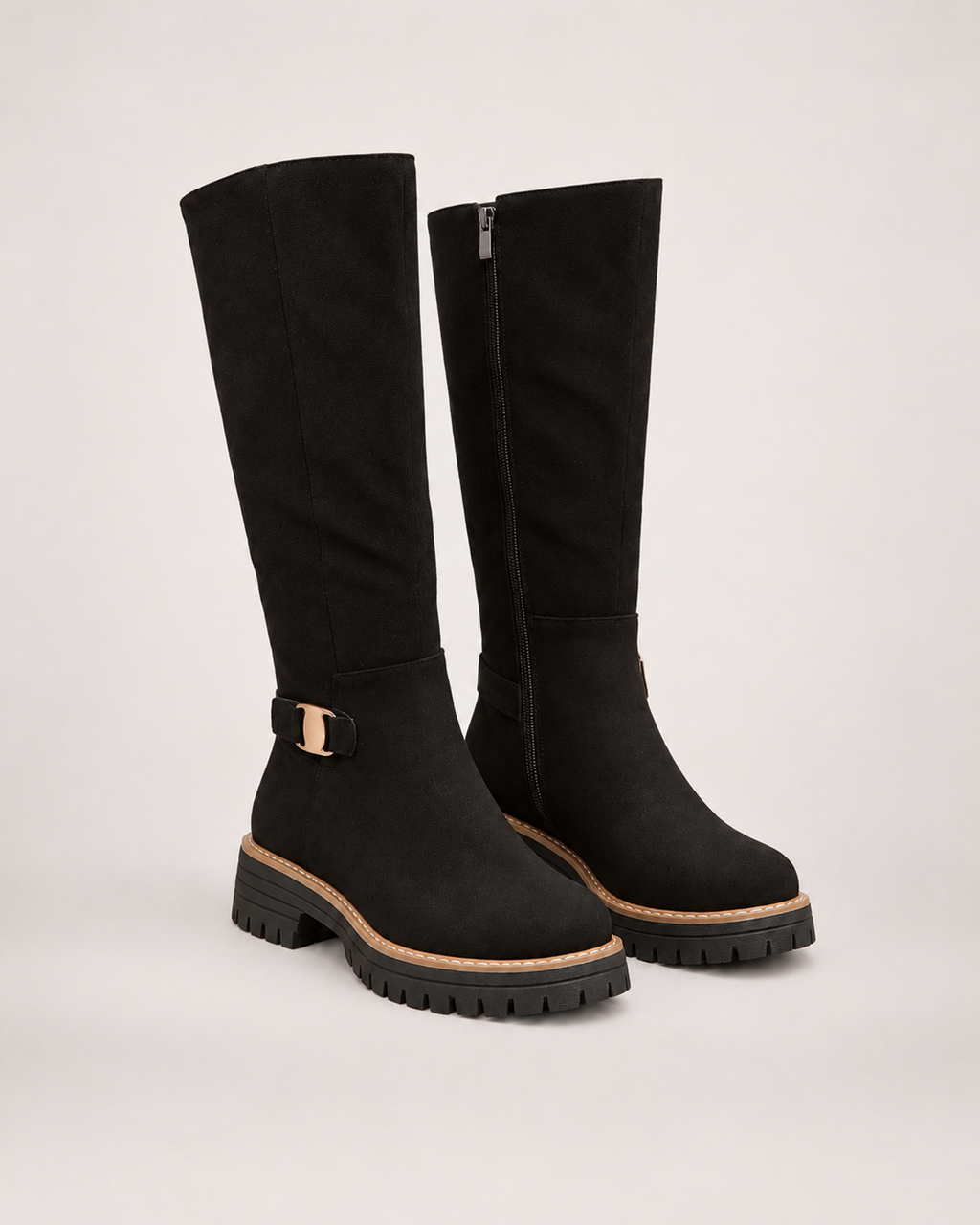 Women’s Black Knee High Boots with Chunky Sole and Buckle Detail in Black, product only pair side decision view