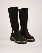 Women’s Black Knee High Boots with Chunky Sole and Buckle Detail in Black, product only pair side decision view