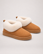 Women’s Slipper Boots with Fluffy Cuff and Platform Sole in Camel, product only pair side decision view