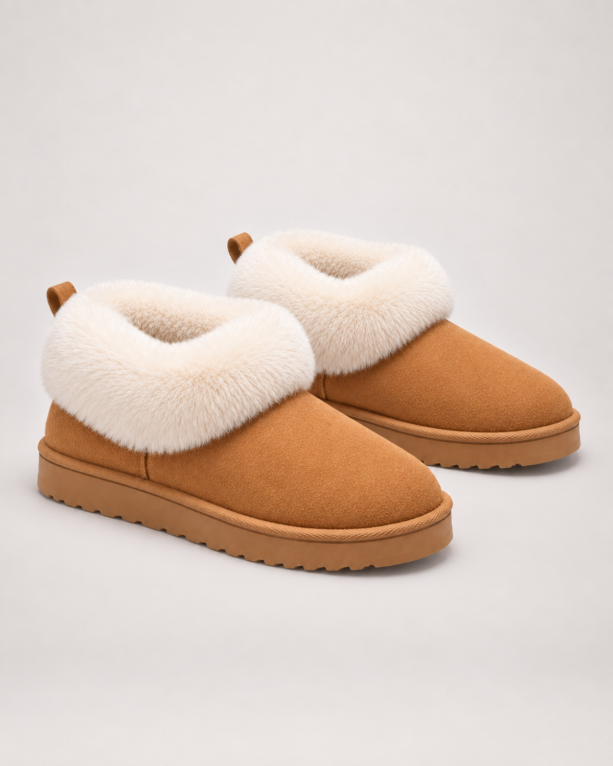 Women’s Slipper Boots with Fluffy Cuff and Platform Sole in Camel, product only pair side decision view