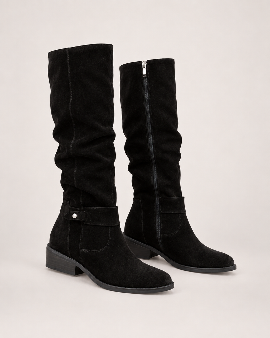 Women’s Knee High Boots with Low Heel and Side Zip in Black, product only pair side decision view