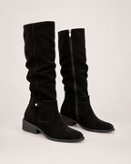 Women’s Knee High Boots with Low Heel and Side Zip in Black, product only pair side decision view