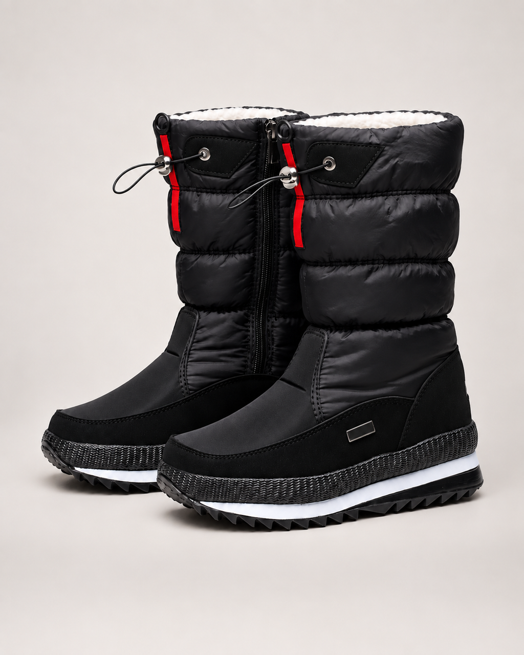 Women’s Snow Boots with Quilted Shaft and Treaded Sole in Black, product only pair side decision view