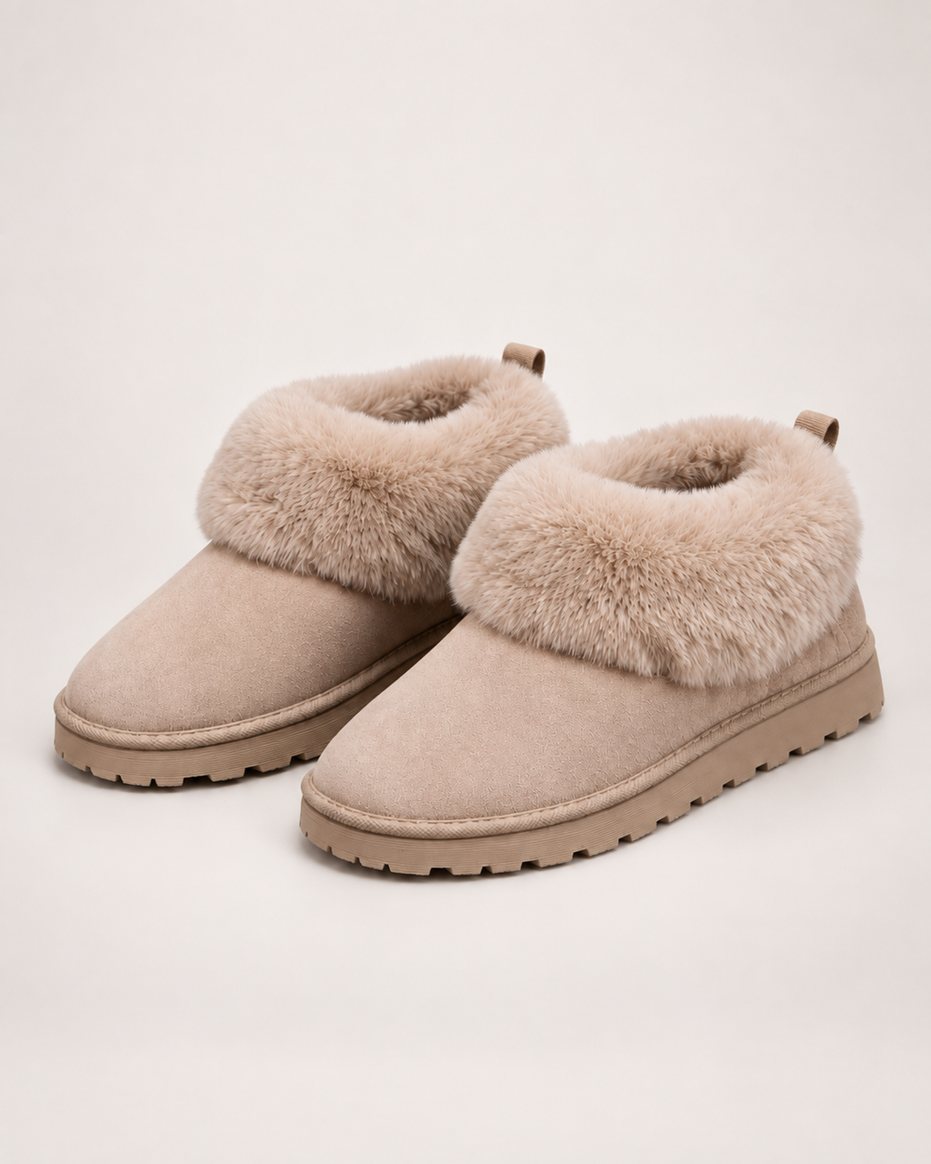 Women’s Slipper Boots with Fold-Down Fluffy Cuff in Taupe, product only pair side decision view
