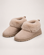 Women’s Slipper Boots with Fold-Down Fluffy Cuff in Taupe, product only pair side decision view
