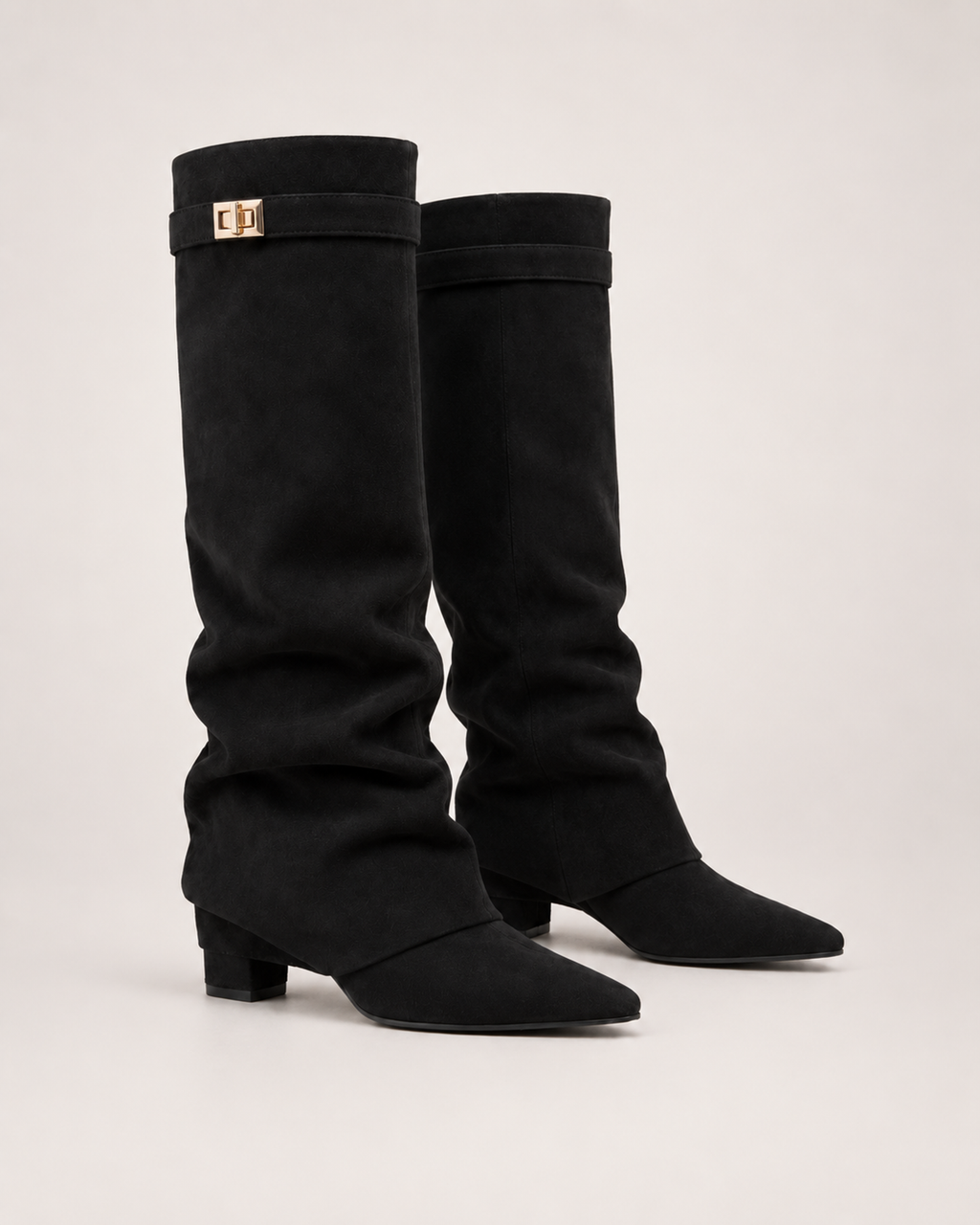 Women’s Knee High Boots with Pointed Toe and Metal Buckle in Black, product only pair side decision view