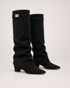 Women’s Knee High Boots with Pointed Toe and Metal Buckle in Black, product only pair side decision view