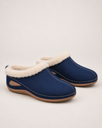 Women’s Slipper Clogs with Plush Lining and Wedge Sole in Navy Blue, product only pair side decision view