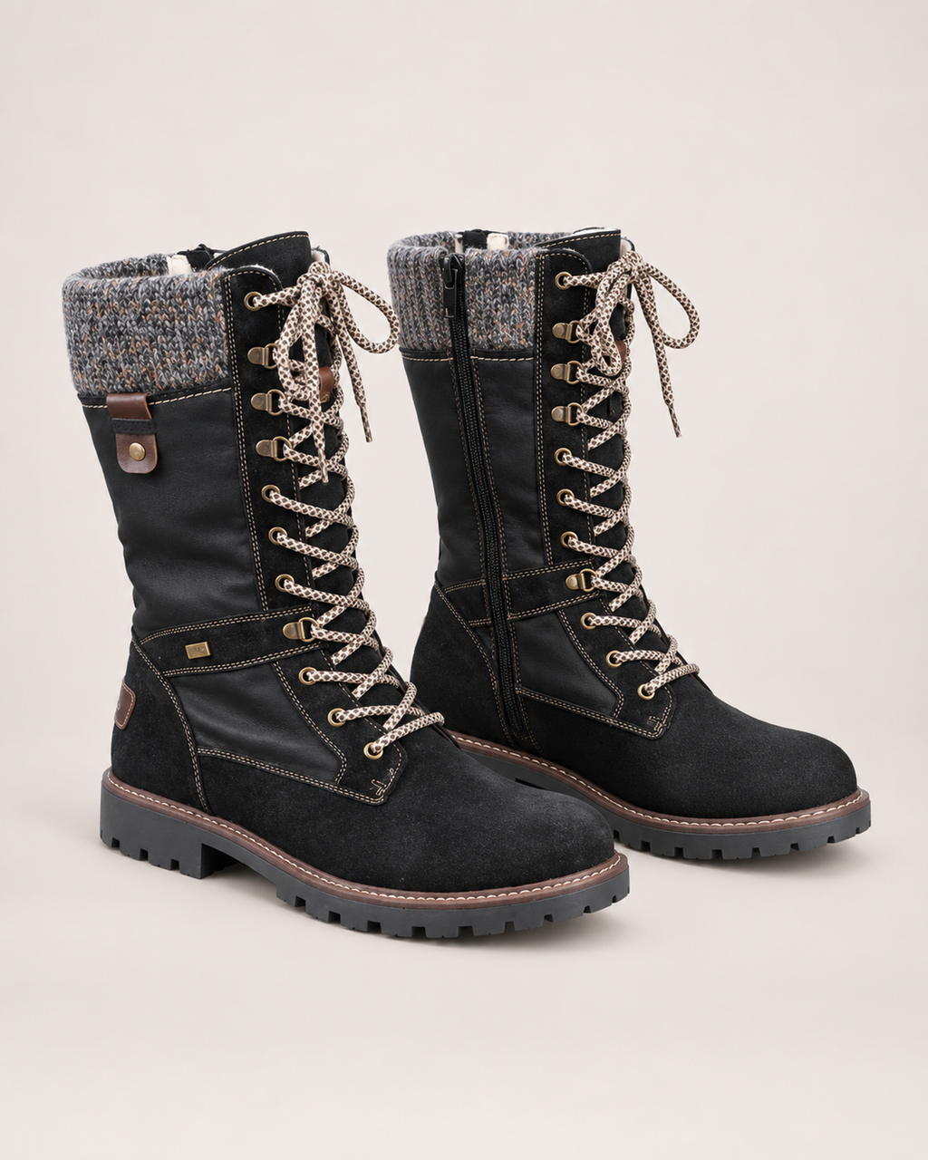 Women’s Lace Up Boots with Knitted Cuff in Black, product only pair side decision view